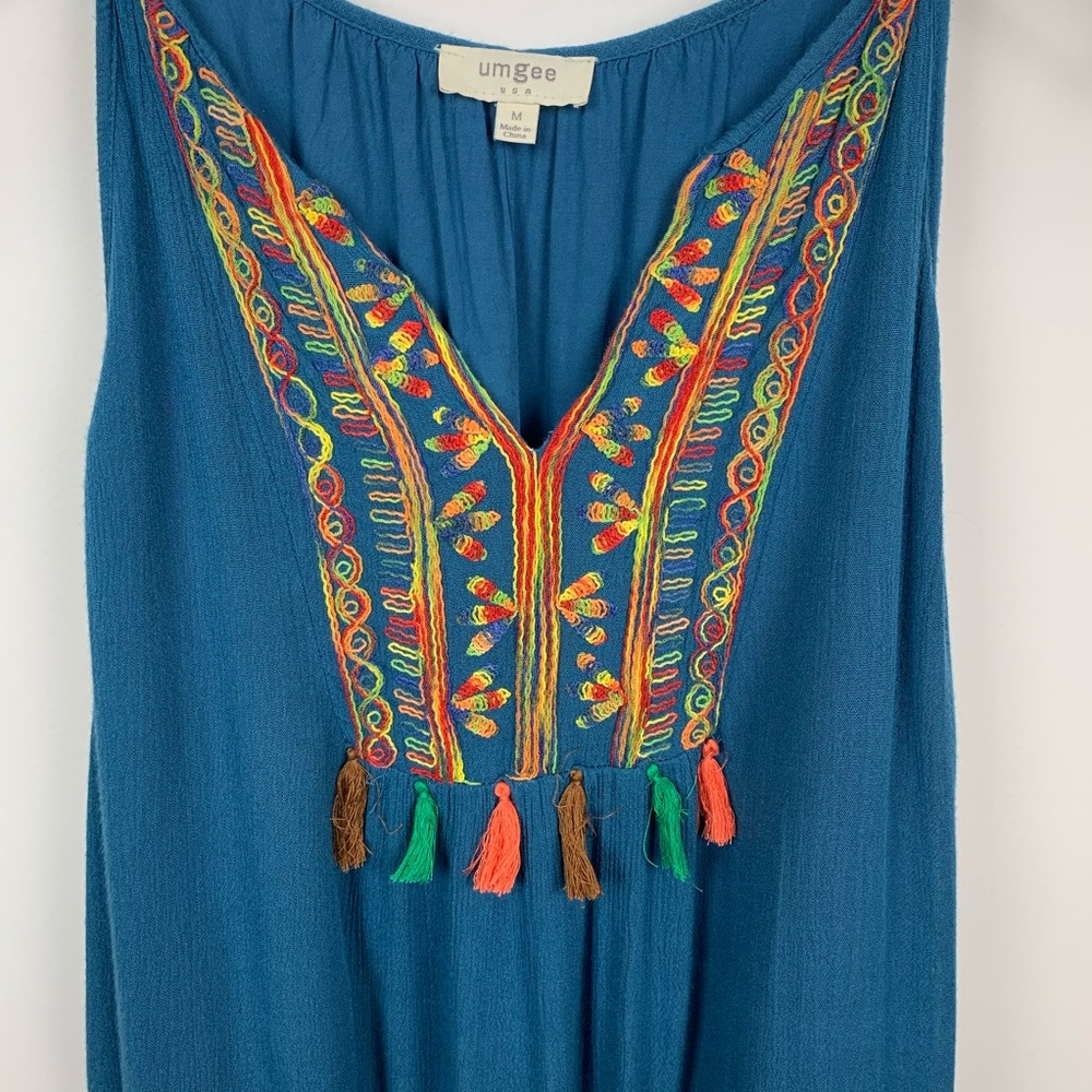 Umgee Boho Embroidered Top with Pom Poms Medium - Picture 3 of 7